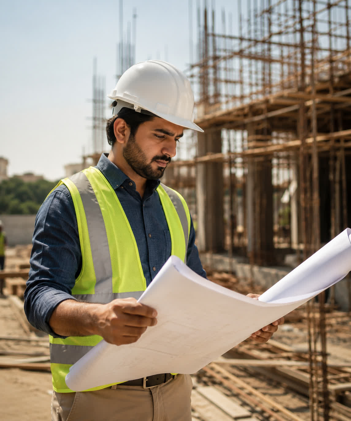 Site engineer reviewing drawings on a Builders & Developers construction site