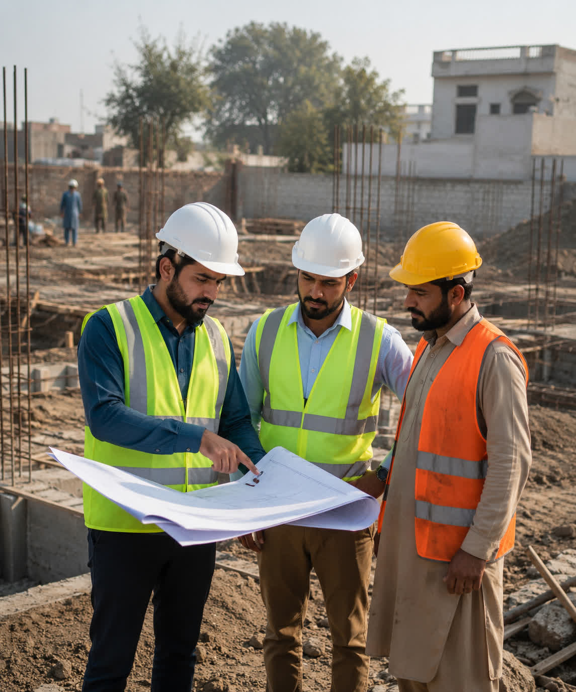 Builders & Developers site team reviewing structural drawings on-site