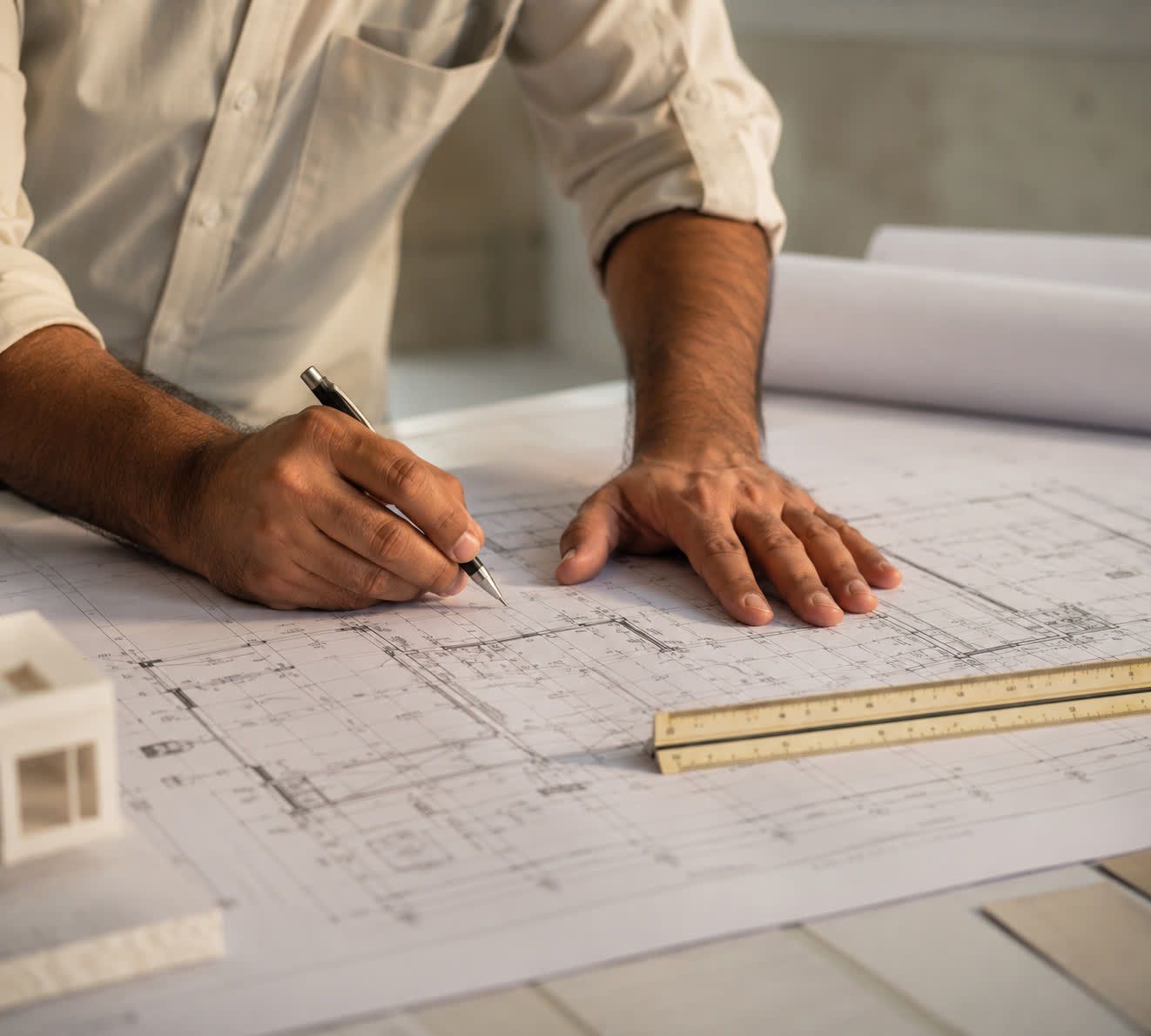 Architect reviewing blueprints and structural drawings